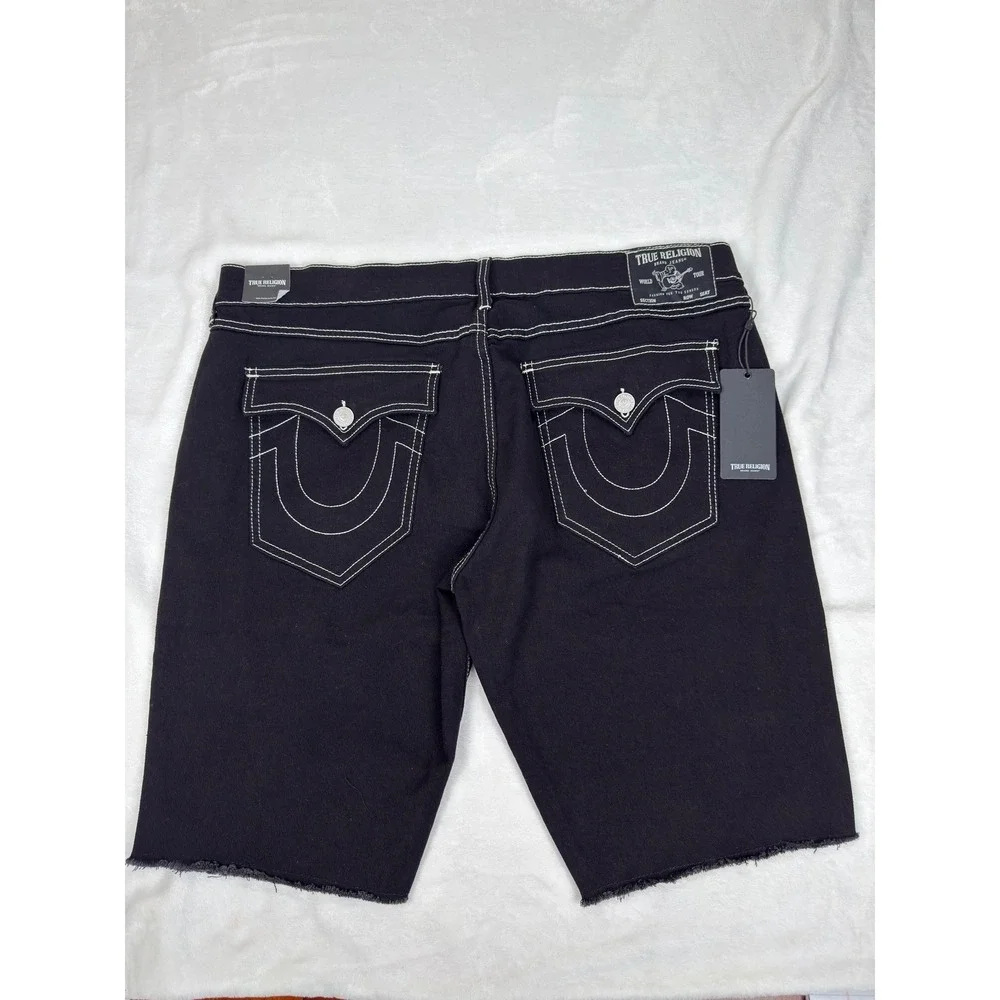 True Religion Ricky Flap Fray Relaxed Straight Black Denim Shorts Mens 40 (42